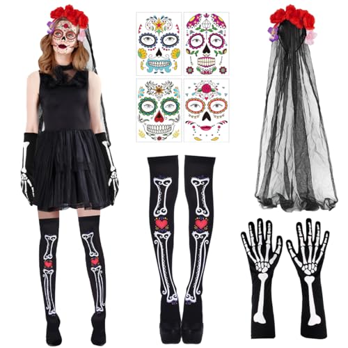 Tag der Toten Haarreif Schleier, Mexikanische Stirnband Kopfschmuck Rosen Totenkopf, Gesichtstattoo Skelett Strumpfhose Handschuhe, Dia De Los Muertos Kostüm Accessoires für Fasching Karneval von Augesak