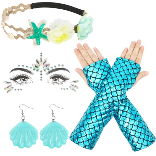 4 Pcs Meerjungfrau Kostüm Accessoires Damen, Meerjungfrau Haarreif Haarband Seestern Muschel+Armstulpen+Muschel Ohrringe+Gesichtstattoo, Meerjungfrau Accessoires Cosplay Fasching Karneval von Augesak