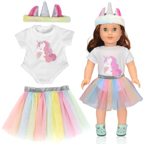 Puppenkleidung und Outfits für Baby Puppen - Puppenzubehör mit Einhornmuster Strampler und Stirnband - Geschenke für Mädchen und Jungen von Augesak
