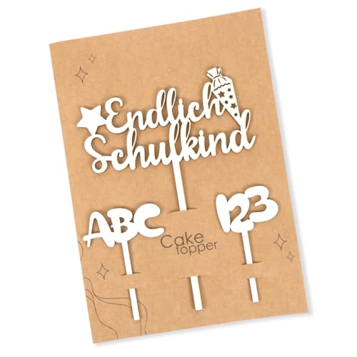 Tortendeko Einschulung, Holz Endlich Schulkind Tortendeko Kuchen Deko Einschulung Cake Topper Schulkind Kuchen Deko Torten Topper ABC 123 Kuchendeko Schulanfang für Mädchen Junge Schuleinführung Party von Augesak