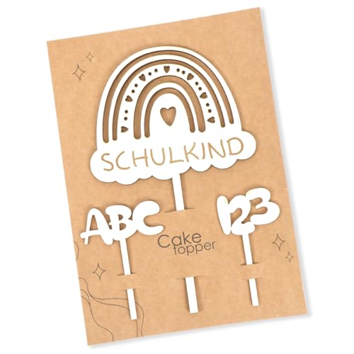 Tortendeko Einschulung, Holz Schulkind Tortendeko, Kuchen Deko Einschulung, Cake Topper Schulkind Kuchen Deko Torten Topper ABC 123 Kuchendeko Schulanfang für Mädchen Junge Schuleinführung Party von Augesak