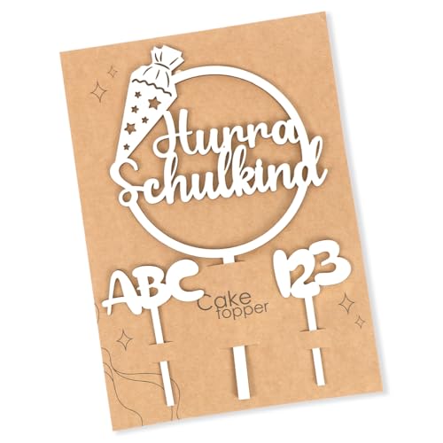 Tortendeko Einschulung, Kuchen Deko Einschulung, Holz Hurra Schulkind Tortendeko, Cake Topper Schulkind Kuchen Deko Torten Topper ABC 123 Kuchendeko Schulanfang für Mädchen Junge Schuleinführung Party von Augesak