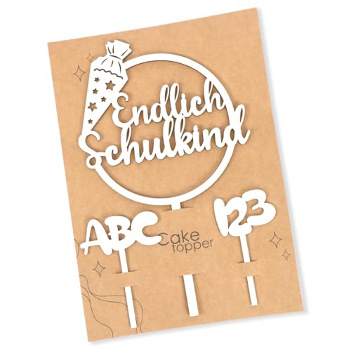 Tortendeko Einschulung, Kuchen Deko Einschulung Holz Endlich Schulkind Tortendeko Cake Topper Schulkind Kuchen Deko Torten Topper ABC 123 Kuchendeko Schulanfang für Mädchen Junge Schuleinführung Party von Augesak