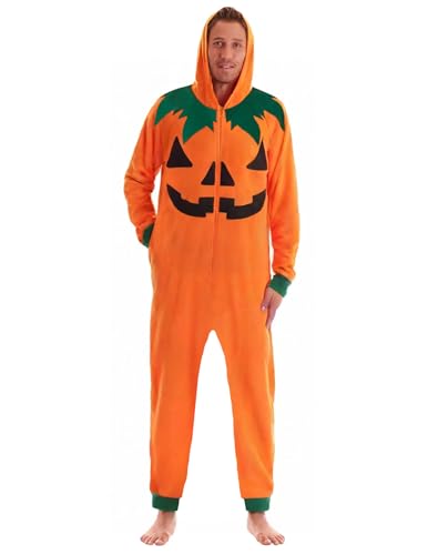 Unisex Kostüm Einteiler Skelett Kürbis mit Kapuze Overall für Halloween Cosplay, Orange/Abendrot im Zickzackmuster (Sunset Chevron), Small von Auggle