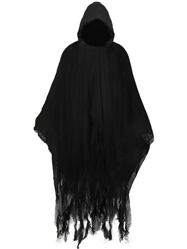 Augisteen Halloween-Kostüm Sensenmann-Kostüm, mittelalterliche Renaissance, Kapuzenumhang für Erwachsene, gruseliger schwarzer Zauberer-Umhang für Unisex, Cosplay-Requisiten, Zubehör (schwarz) von Augisteen