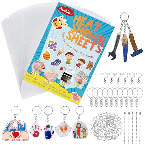 Auihiay 145 Stück Wärmeschrumpf-Plastikfolien-Kit Enthält 20 Stück Schrumpfpapier mit 125 Stück Schlüsselanhänger Zubehör für Kinder Creative Craft von Auihiay