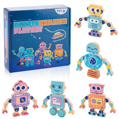 Auirshiky Kinder DIY Roboter Bauklötze Niedliches Pädagogisches Konstruktionsspielzeug Aus Holz Bauklötze Holz Bauspielzeug Für Kinder Roboterpädagogische Bausteine Fur Junge Mädchen 3 4 5 6 Jahre von Auirshiky