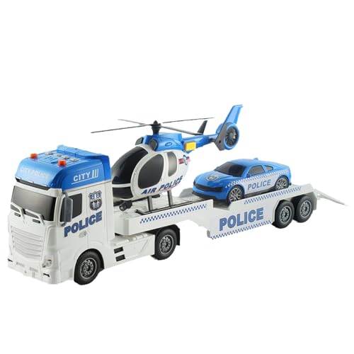 Auirshiky Polizei Transporter, Reibungsbetrieb Autotransporter, Polizei Lastwagen Spielzeug, Polizei Tieflader mit Polizeiauto und Hubschrauber Geschenk für Jungen 3, 4, 5, 6+ Jahren von Auirshiky