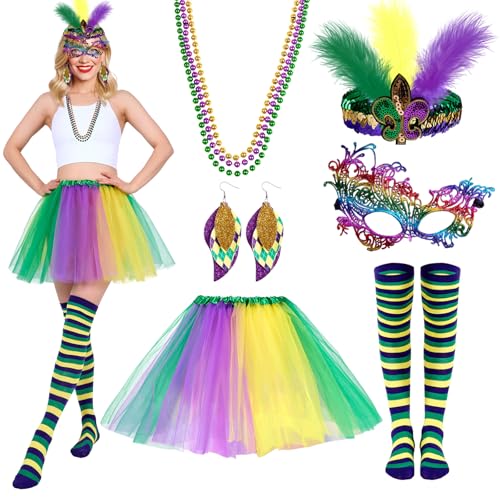 Aulauf Karnevals-Outfit für Damen, Karnevalskostüme, Tutu, Tüllrock, Mardi Gras Perlen, Maske, Ohrringe, lange Socken, Mardi Gras Zubehör für Damen, Karnevalskostüme, perfekt für Karnevalsparty, von Aulauf