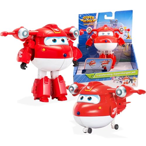 Super Wings EU740283 - Transformations-Flugzeug Supercharged Jett, ca. 12,7 cm große Spiel-Figur für Kinder, verwandelbares Spielzeug-Flugzeug und Roboterfigur von Super Wings