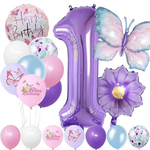 Geburtstagsdeko Mädchen 1 Jahre,Blau Lila Geburtstagsdeko Luftballon 1. Geburtstag,Kindergeburtstag Schmetterling Geburtstag Deko für Mädchen Jungen Geburtstags Festival Party Dekoration von Auliuse
