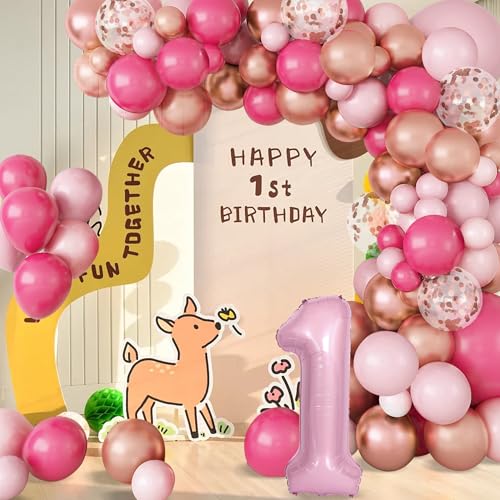 1. Geburtstag Dekorationen für Mädchen - Rose Red Ballons, Rose Gold Glitter & Pink Ballons, Bänder, Party Dekorationen für Mädchen, Perfekt für Party Geburtstag Mädchen Baby Shower & Pink Thema von Auliuse