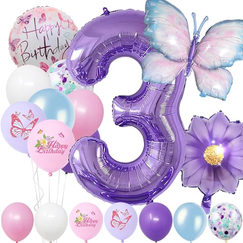 Geburtstagsdeko Mädchen 3 Jahre,Blau Lila Geburtstagsdeko Luftballon 3. Geburtstag,Kindergeburtstag Schmetterling Geburtstag Deko für Mädchen Jungen Geburtstags Festival Party Dekoration von Auliuse
