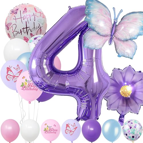 Geburtstagsdeko Mädchen 4 Jahre,Blau Lila Geburtstagsdeko Luftballon 4. Geburtstag,Kindergeburtstag Schmetterling Geburtstag Deko für Mädchen Jungen Geburtstags Festival Party Dekoration von Auliuse