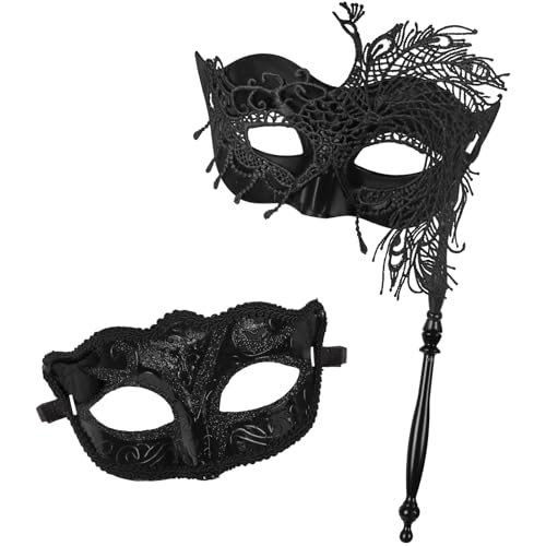 Auliuse 2 Stück Maskerade Maske mit Stab, Frauen Maskerade Ball Masken, Schwarz Paar Masken, Karneval Maskerade Augenmaske für Abend Abschlussball Kostüm Halloween Party Verkleidung von Auliuse