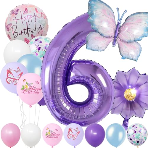 Geburtstagsdeko Mädchen 6 Jahre,Blau Lila Geburtstagsdeko Luftballon 6. Geburtstag,Kindergeburtstag Schmetterling Geburtstag Deko für Mädchen Jungen Geburtstags Festival Party Dekoration von Auliuse