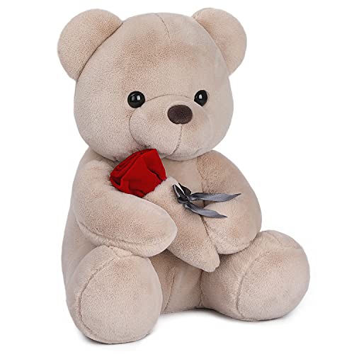 Auluda Plüschtier Bär mit Rose, 40 cm große Teddy-Liebes-Plüschpuppe, niedliches Überwurfkissen, weiches, Flauschiges Kissen Kinder und Erwachsene von AULUDA