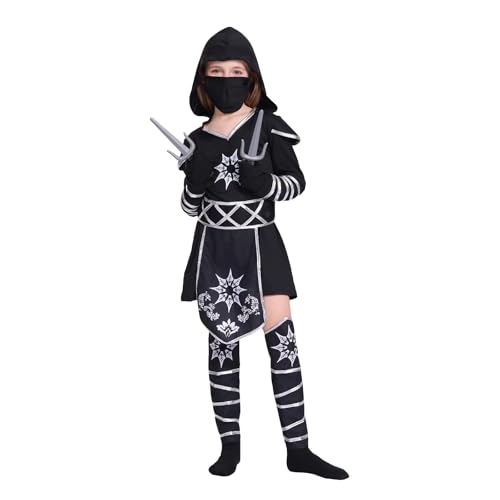 Aunaeyw 5 PCS Black Ninja Halloween Costume For Girls Hooded Robe With Mask Stockings Halloween Dress Up (Black, M) von Aunaeyw