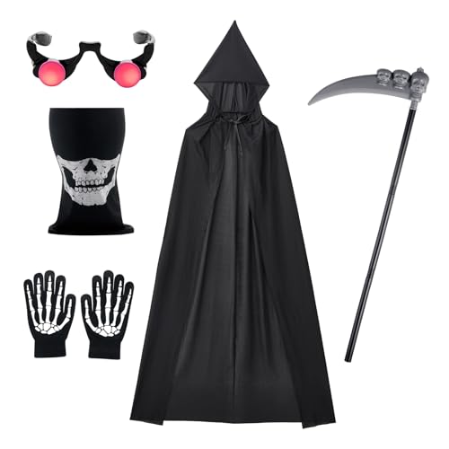 Aunaeyw 5 PCS Halloween Cloak Costume for Kids & Adults, Death Grim Reaper Horror Robe with Glowing Red Eyes Glasses, Scythe, Facewear, Gloves (Black Kids, 5Pcs) von Aunaeyw