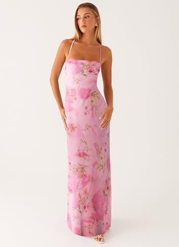 Aunaeyw Ärmelloses Cami-Kleid für Damen, Blumendruck, Sommer, Kreuzbindung, rückenfrei, Spaghettiträger, langes Kleid (Rosa, L) von Aunaeyw
