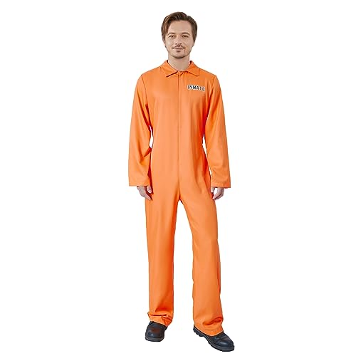 Aunaeyw Adults Orange Prisoner Costume for Men Women Escaped Jail Jumpsuit Inmate Uniform Halloween Roleplay Party Outfits (Men Orange, S) von Aunaeyw