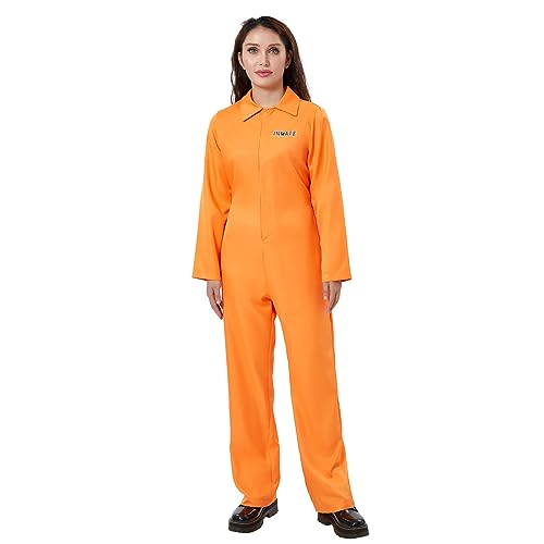 Aunaeyw Adults Orange Prisoner Costume for Men Women Escaped Jail Jumpsuit Inmate Uniform Halloween Roleplay Party Outfits (Women Orange, L) von Aunaeyw