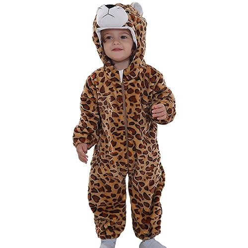 Aunaeyw Baby Animal Costume Winter Warm Dragon/Dinosaur/Bear Hooded Romper Halloween Cosplay Jumpsuit Onesie Set (Brown Leopard, 90cm) von Aunaeyw