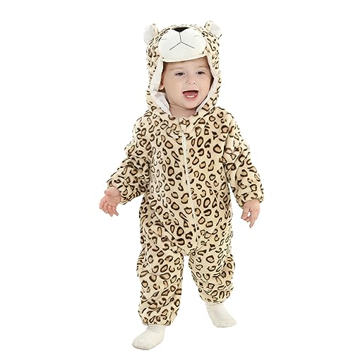 Aunaeyw Baby Animal Costume Winter Warm Dragon/Dinosaur/Bear Hooded Romper Halloween Cosplay Jumpsuit Onesie Set (Khaki Leopard, 66cm) von Aunaeyw