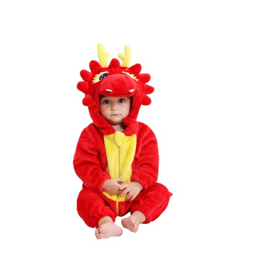Aunaeyw Baby Animal Costume Winter Warm Dragon/Dinosaur/Bear Hooded Romper Halloween Cosplay Jumpsuit Onesie Set (Red, 110) von Aunaeyw