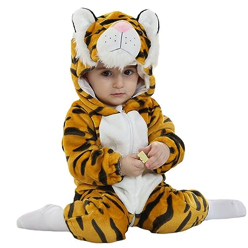 Aunaeyw Baby Animal Costume Winter Warm Dragon/Dinosaur/Bear Hooded Romper Halloween Cosplay Jumpsuit Onesie Set (Yellow Tiger, 73cm) von Aunaeyw