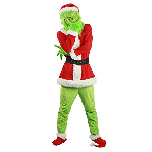 Aunaeyw Christmas Costume Set Santa Claus Hat Top Boots Green Hair Monster Mask Gloves Cosplay Costume How Stole Christmas Costume Set - Including Mask Xmas Funny Cosplay Costume Props (Red-1, L) von Aunaeyw