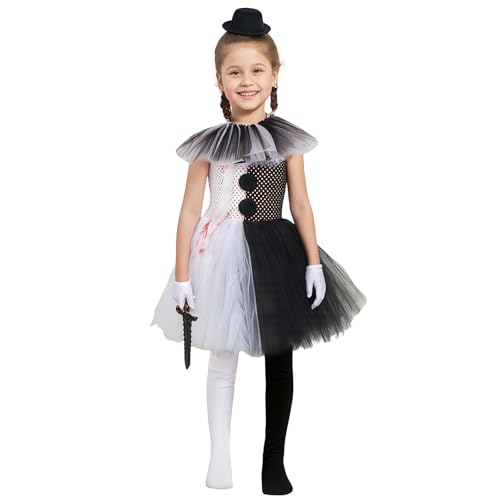 Aunaeyw Clown-Kostüm für Kinder, Mädchen, Cosplay, schwarz-weiß, gestreift, Rüschen, Tüll, Tutu-Kleid mit Hut, Handschuhen, Socken, 5-teiliges Set (schwarz-weiß, XL) von Aunaeyw