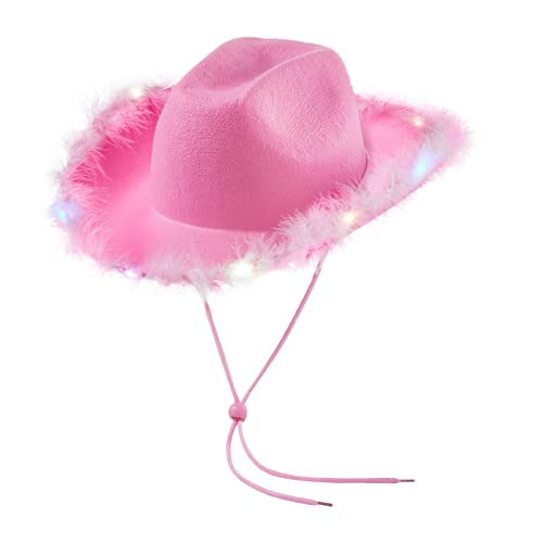 Aunaeyw Cowboyhut für Damen, funkelnde Cowgirl-Hüte mit buntem LED-Licht, ausgefallen, metallisch, holografisch, Disco, Geburtstag, Junggesellinnenabschied (Rosa mit Fell, Einheitsgröße) von Aunaeyw