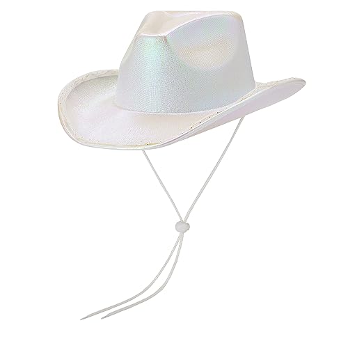 Aunaeyw Cowboyhut für Damen, funkelnde Cowgirl-Hüte mit buntem LED-Licht, ausgefallen, metallisch, holografisch, Disco, Geburtstag, Junggesellinnenabschied (Weiß, Einheitsgröße) von Aunaeyw