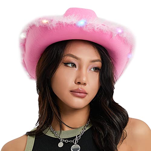 Aunaeyw Cowgirl-Hut, Cowboyhüte für Damen, flauschige Federkrempe, Cowboyhut für Cosplay, Kostümparty, Junggesellinnenabschied, Spielverkleidungszubehör (rosa LED-beleuchteter Cowboyhut, von Aunaeyw
