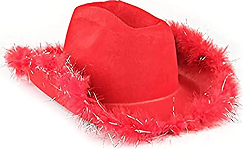 Aunaeyw Cowgirl-Hut Cowboyhüte für Damen, flauschige Federkrempe, Cowboyhut für Cosplay, Kostümparty, Junggesellinnenabschied, Spielverkleidungszubehör (roter Cowboyhut, Einheitsgröße) von Aunaeyw