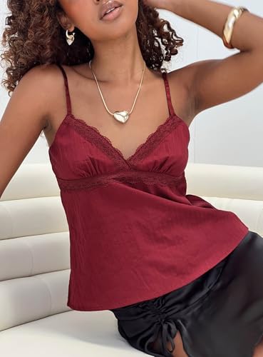 Aunaeyw Damen-Camisole mit Spaghettiträgern und V-Ausschnitt, Spitze, Patchwork, Sommer-Tops für Party, Club, Weinrot, Größe M von Aunaeyw