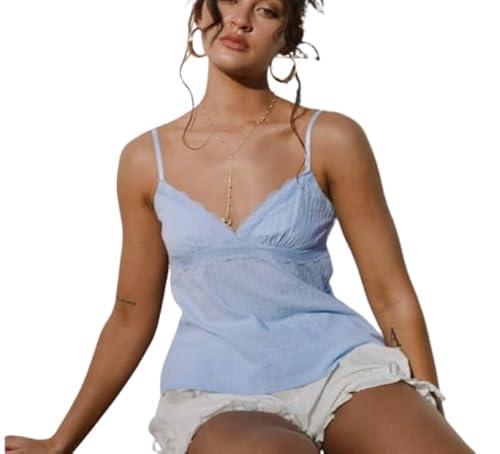 Aunaeyw Damen-Camisole mit Spaghettiträgern und V-Ausschnitt, Spitze, Patchwork, Sommer-Tops für Party, Club (blau, S) von Aunaeyw