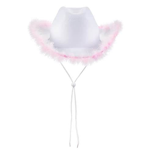 Aunaeyw Damen-Cowgirl-Hut, Cowboy-Hüte, flauschige Federkrempe, Cowboyhut für Saum, Party, Urlaub, Kostümparty, Spielkleid, Halloween, Cosplay (Weiß04, 32 x 42 x 18 cm) von Aunaeyw