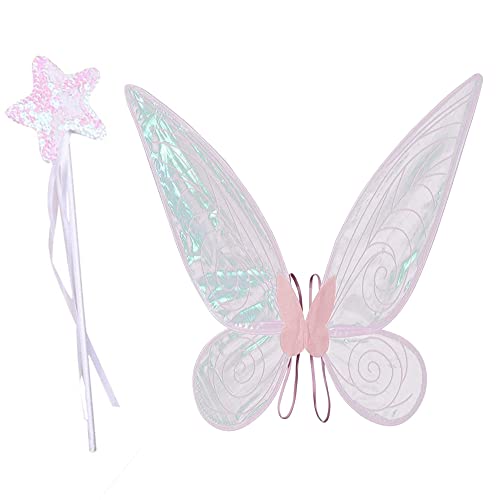 Aunaeyw Fee Flügel für Mädchen Kinder Erwachsene Schmetterling Fee Flügel Elf Engel Flügel Halloween Kostüm für Sparkle Princess Party Favor (Pink fairy wings with Magic Wand) von Aunaeyw