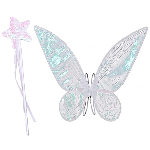 Aunaeyw Fee Flügel für Mädchen Kinder Erwachsene Schmetterling Fee Flügel Elf Engel Flügel Halloween Kostüm für Sparkle Princess Party Favor (White fairy wings with Magic Wand) von Aunaeyw