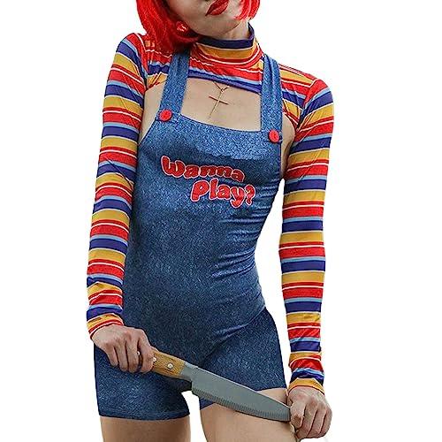 Aunaeyw Frauen 2-teiliges Halloween-Kostüm, gruselige Albtraum-Killer-Puppe, Wanna Play Movie Charakter, Bodysuit, Chucky Doll Kostüm-Set (Blau, L) von Aunaeyw