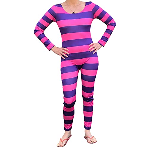 Aunaeyw Grinsekatzen-Kostüm für Damen, Halloween-Kostüm, rosa lila gestreift, Katzen-Overall, Cosplay-Outfit, Party, Einteiler-Kostüm, rosa / purpur, 38 von Aunaeyw
