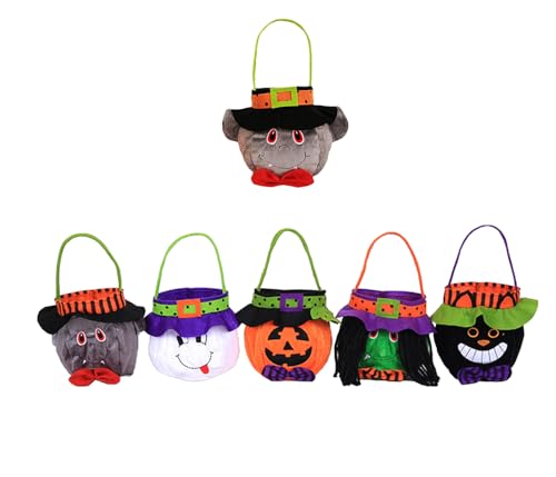 Aunaeyw Halloween-Kürbis-Süßigkeitentüten für Kinder, Süßigkeiten- oder Leckerei-Kürbis-Tüten, lustige Vlies-Kürbisbeutel mit Griffen für Kinder-Kostüm, Partyzubehör, 6 Stück, 16 x 16 x 25 cm von Aunaeyw
