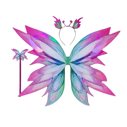 Aunaeyw Leuchtendes Flügel-Zubehör für Erwachsene und Kinder, beleuchteter Tüllrock, Schmetterlingsflügel, Feen-Stirnband, Partygeschenk für Cosplay (Farbverlauf, Rosenrot, 3 Stück) von Aunaeyw