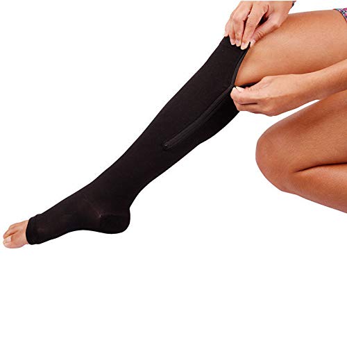 Aunaeyw Unisex-Kompressionsstrümpfe mit Reißverschluss, gegen Ermüdung, Nylon, Beinstütze, Stretch, Druck, lange Socken, kniehoch, offene Zehensocken (Schwarz, L) von Aunaeyw