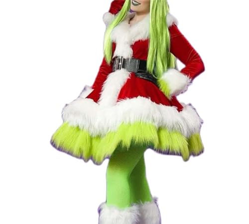Aunaeyw Weihnachten Grün Weihnachtsmann Kostüm Set Furry Fuzzy Mrs. Santa Kleid Gürtel Hut Sets Lustiges Kleid Cosplay für Weihnachten (Grün, S) von Aunaeyw