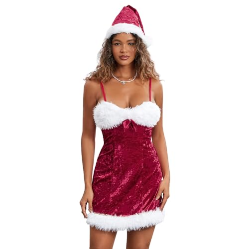 Aunaeyw Weihnachten Mrs. Santa Claus Kostüm Fancy Cosplay Dress up ärmelloses flauschiges Samt Minikleid mit Nikolausmütze für Weihnachtsfeier (Burgundy, S) von Aunaeyw