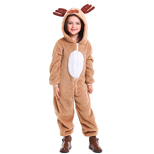 Aunaeyw Weihnachtliches Rentier-Kostüm, Hirsch, Tier-Einteiler, Party, langärmelig, Reißverschluss, einteiliger Overall, Party-Overall (Khaki, Kinder, 6–8 Jahre) von Aunaeyw