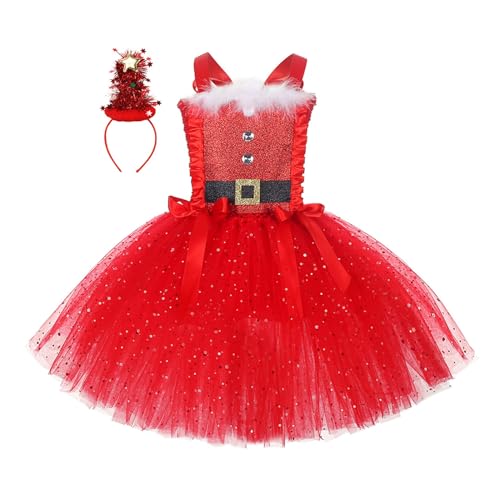 Aunaeyw Weihnachtskostüm für Kinder, Kleinkind, Mädchen, ärmellos, Feen-Dekorationen, geschwollenes Prinzessinnenkleid mit Stirnband, Party-Outfit, 2-teilig, Rot, 7–8 Jahre von Aunaeyw